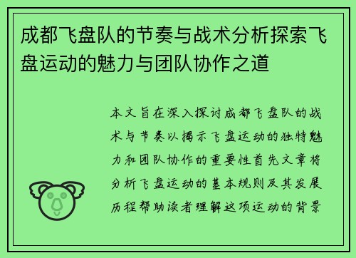 成都飞盘队的节奏与战术分析探索飞盘运动的魅力与团队协作之道